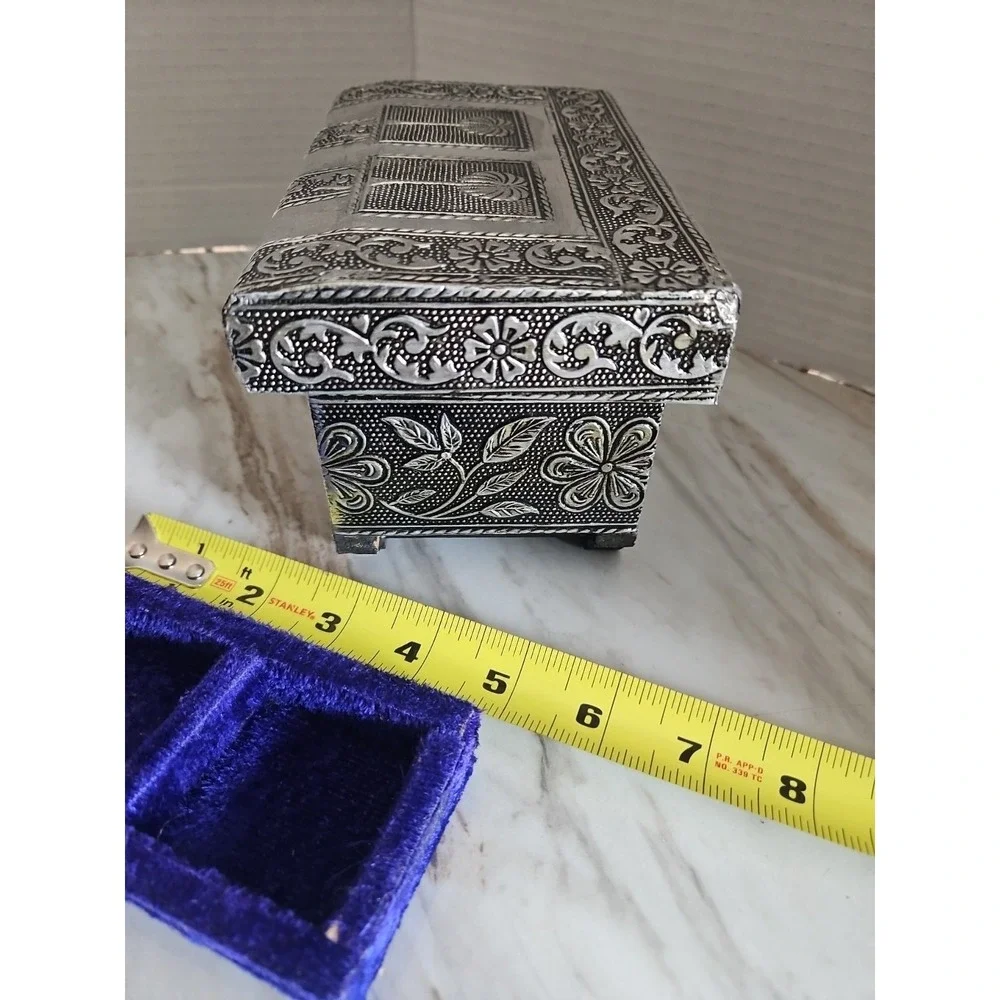 Handmade Silver Tone Metal Trinket Jewelry Box Palm Trees Blue Lining Nautical